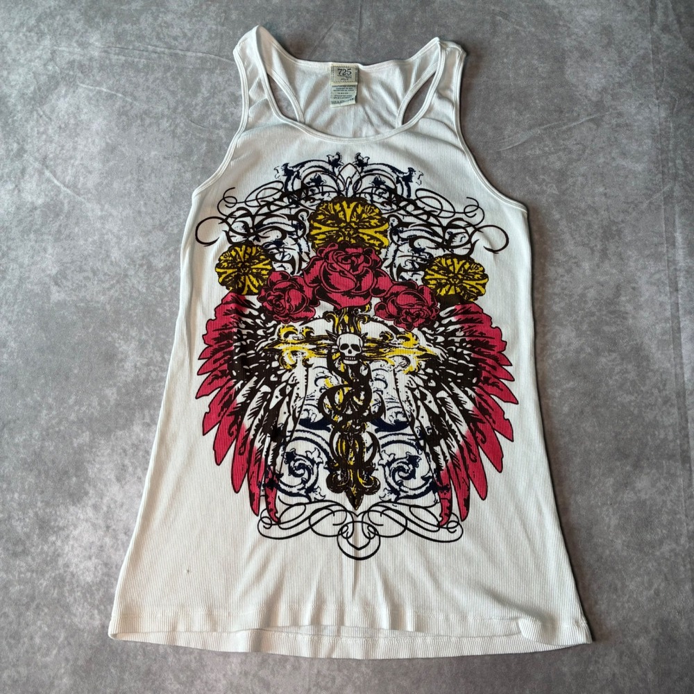 Y2K Plus Womens White Ribbed Graphic Tank Top Skull Wings Roses 3X grunge